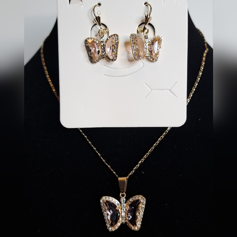 Elegant Gold Pink Butterfly Jewelry Set